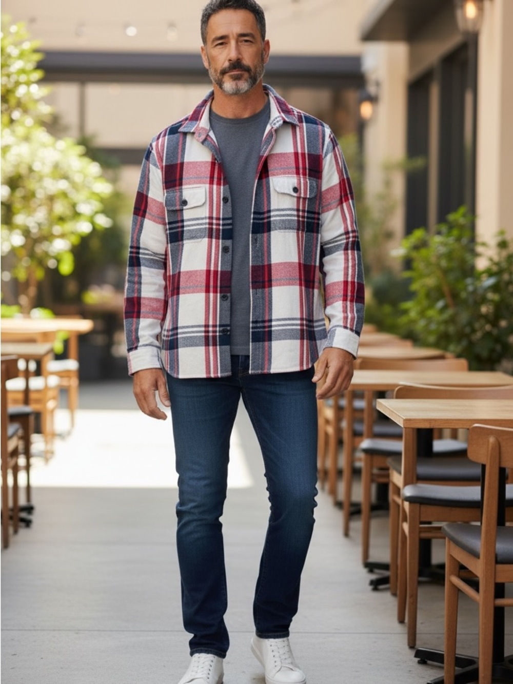 Express Men's Red white & navy blue Plaid Shacket shirt jacket flannel size L